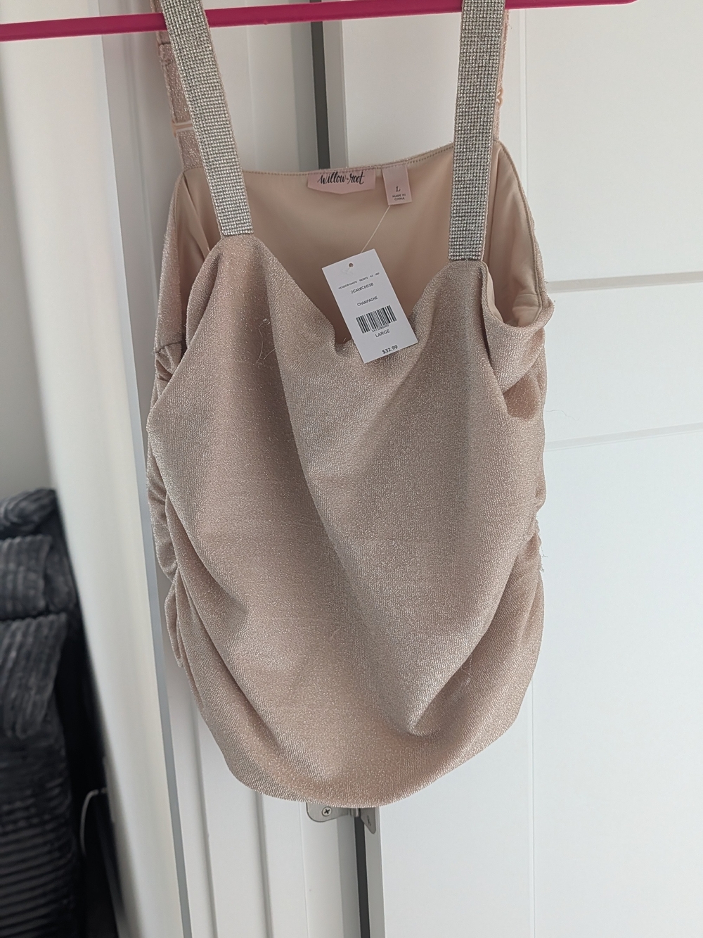 Khloe & Sloane Champagne Shimmer Cowl Camisole with Rhinestone Straps
